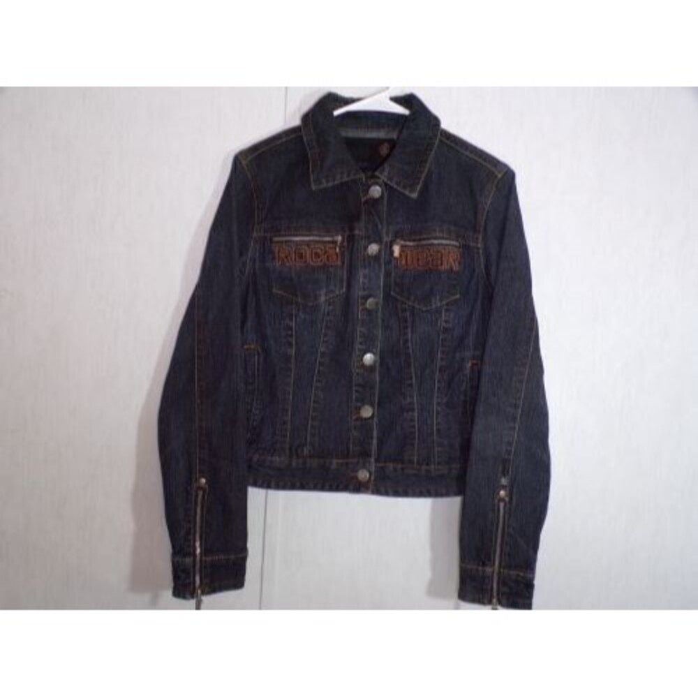 Rocawear Womens Denim Jacket Size M Dark Wash Y2K Embroidered Logo Brand Zippers
